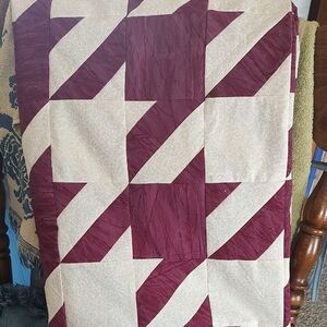 Handcrafted Burgundy and Cream Houndstooth Quilt Top